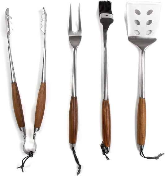 Schmidt Brothers - BBQ Bonded Teak 4 Piece Grilling Accessory Set, Full-Forged Stainless Steel Grilling Utensils Including Spatula, Fork, Basting Brush, and Tongs with All Wood Handles