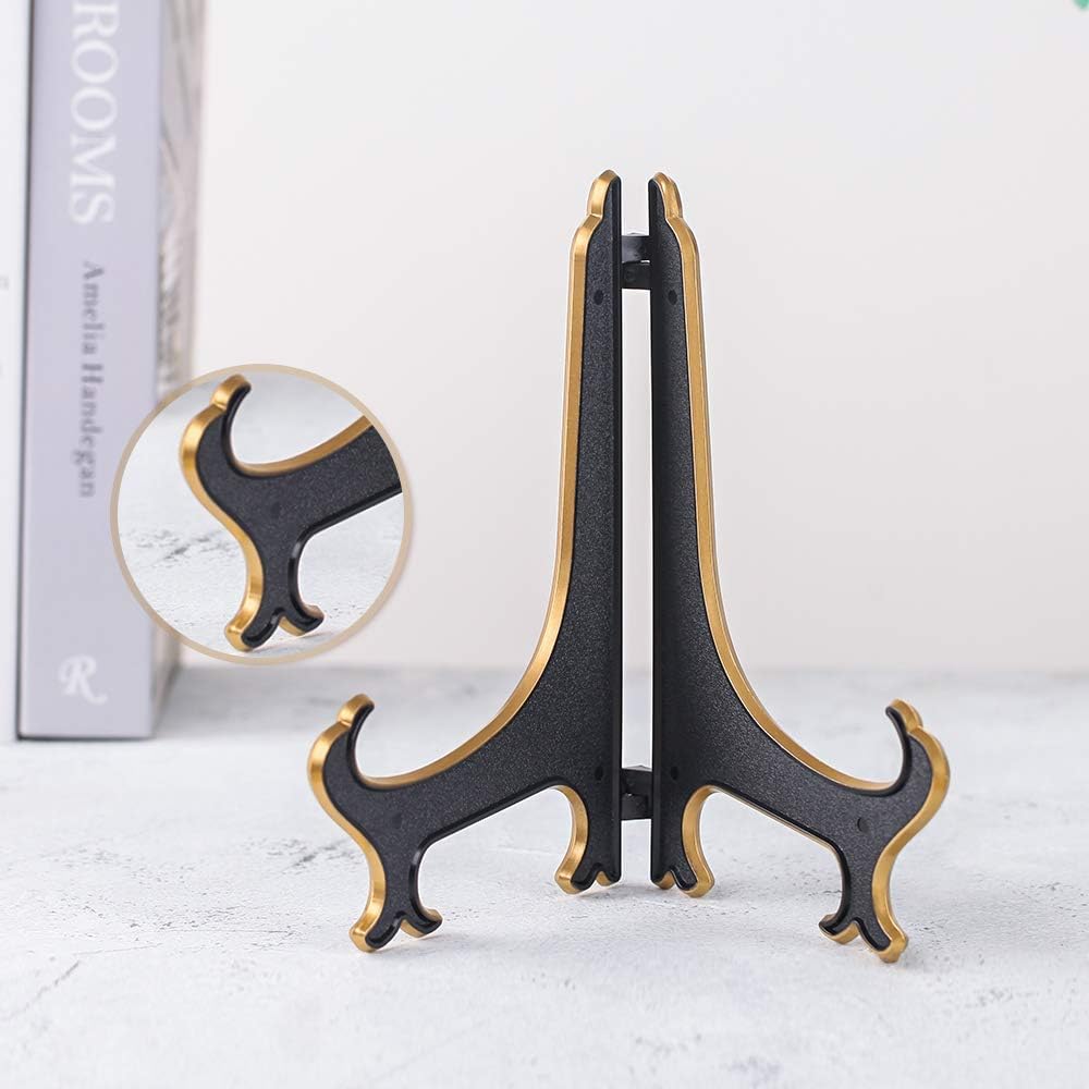 Artliving 8 Inch Plate Display Stand - Adjustable Easel Holder for Decorative Plates, Pictures, Cookbooks - Black Gold Tabletop Stands with Foldable Design - 2 Pack