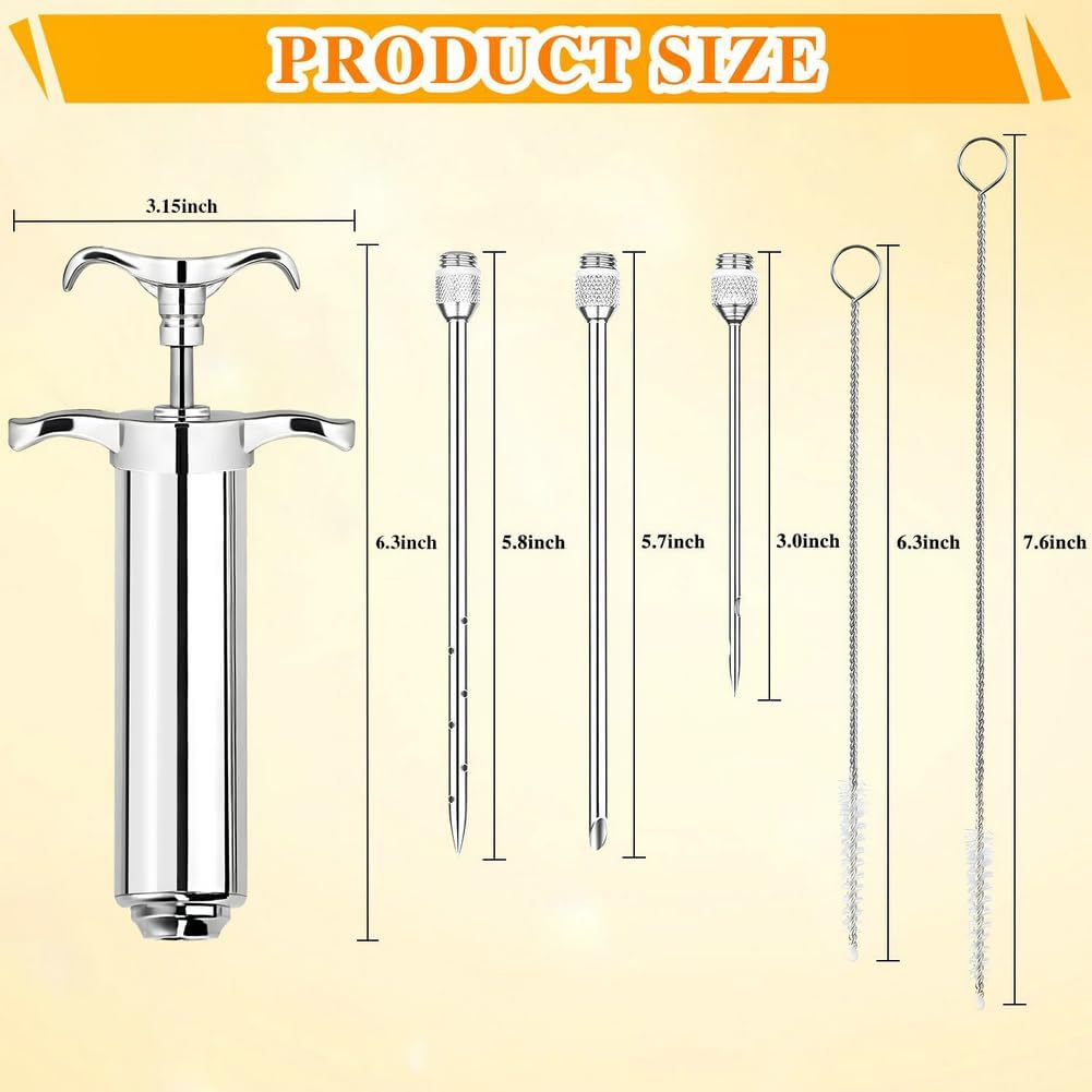 304-Stainless Steel Meat Injector Syringe Kit with 3 Marinade Needles for BBQ Grill Smoker, Turkey, Brisket, Beef, Fish, 2-oz Large Capacity, Silicone Brush and Cleaning Brush