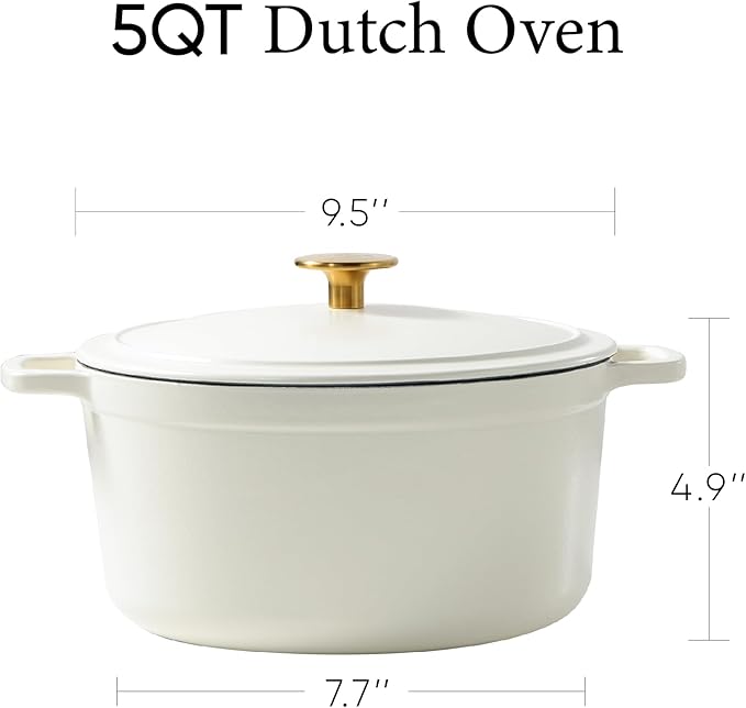CAROTE Cast Iron Dutch Oven Pot with Lid, Enameled Dutch Oven for Sourdough Bread Baking, Dual Handles, Heavy-Duty Cast Iron Pot, 5QT, Cream White