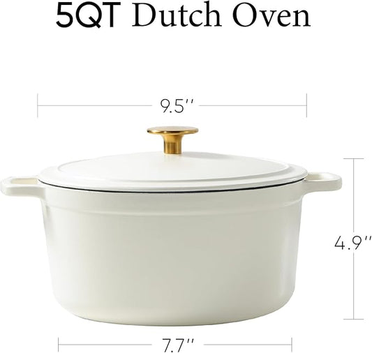 CAROTE Cast Iron Dutch Oven Pot with Lid, Enameled Dutch Oven for Sourdough Bread Baking, Dual Handles, Heavy-Duty Cast Iron Pot, 5QT, Cream White