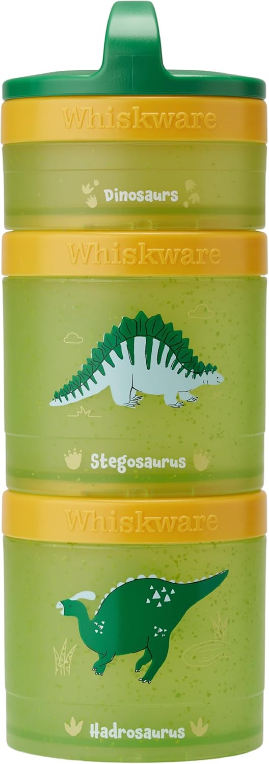 Whiskware Dinosaur Stackable Snack Containers for Kids and Toddlers, 3 Stackable Snack Cups for School and Travel, Green/Orange
