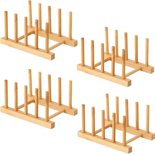 4 Pcs Bamboo Wooden Dish Rack, Plate Organizer for Cabinet Space Saver and Kitchen Counter, Bowl/Cup/Pot Lid/Cutting Board Drying Holder (4 Slots)