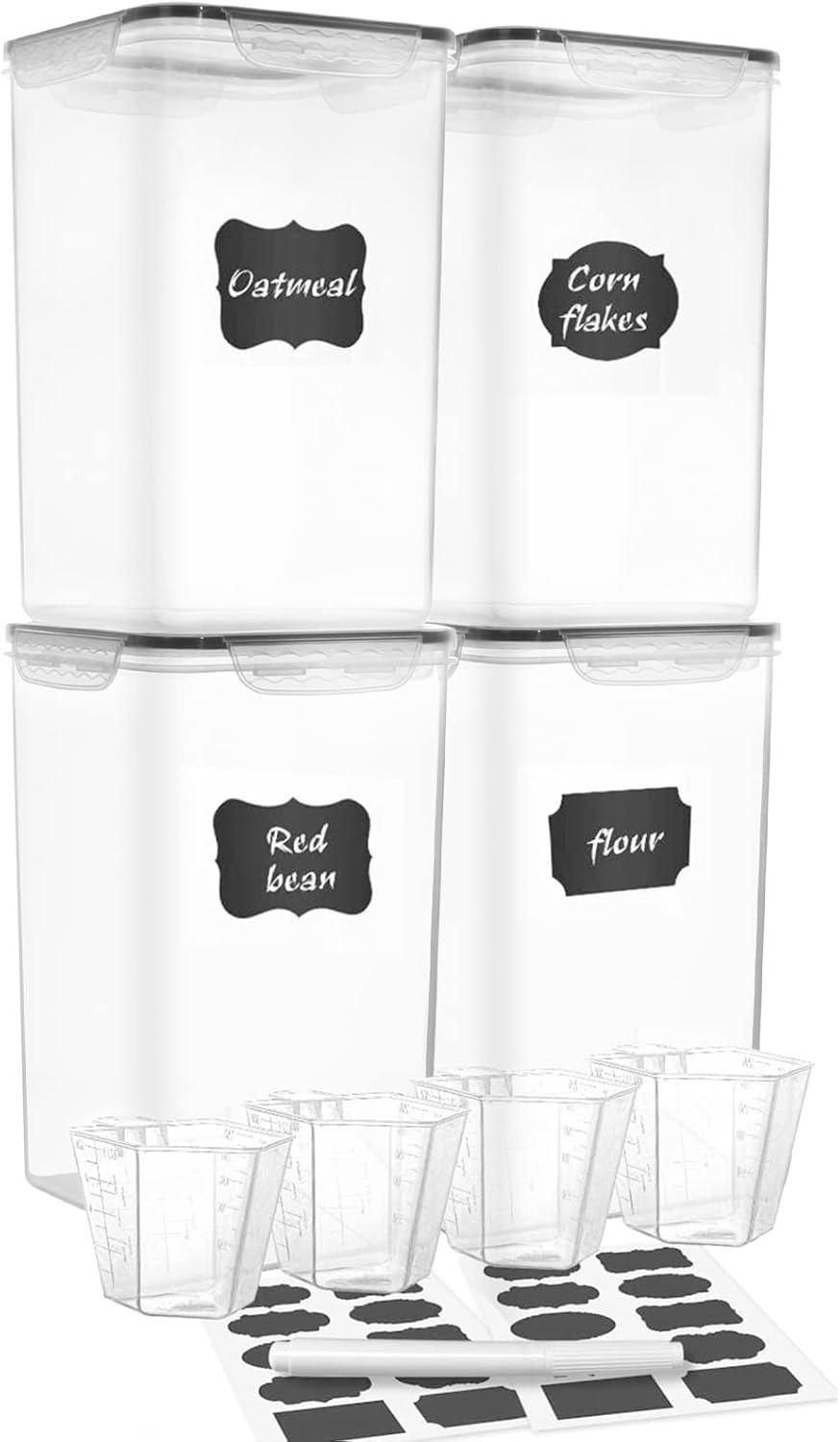 Extra Large 7qt / 6.5L/220oz Tall Food Storage Containers, WIDE & DEEP, 4-Piece Plastic Airtight Kitchen Pantry Storage Containers for Flour, Sugar, with 4 Measuring Cups,20 Labels