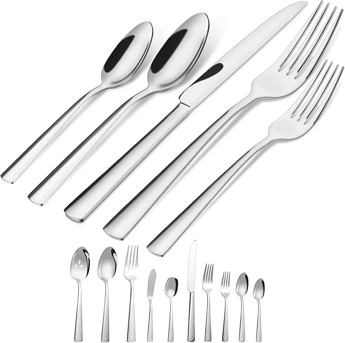 45-Piece Flatware Sets, Silverware Set for 8, Durable Stainless Steel Tableware in Ergonomic Design Size and Weight, Kitchen Utensils Set with Steak Knives, Rust-proof, Dishwasher Safe