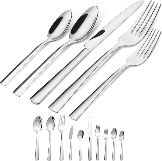 45-Piece Flatware Sets, Silverware Set for 8, Durable Stainless Steel Tableware in Ergonomic Design Size and Weight, Kitchen Utensils Set with Steak Knives, Rust-proof, Dishwasher Safe