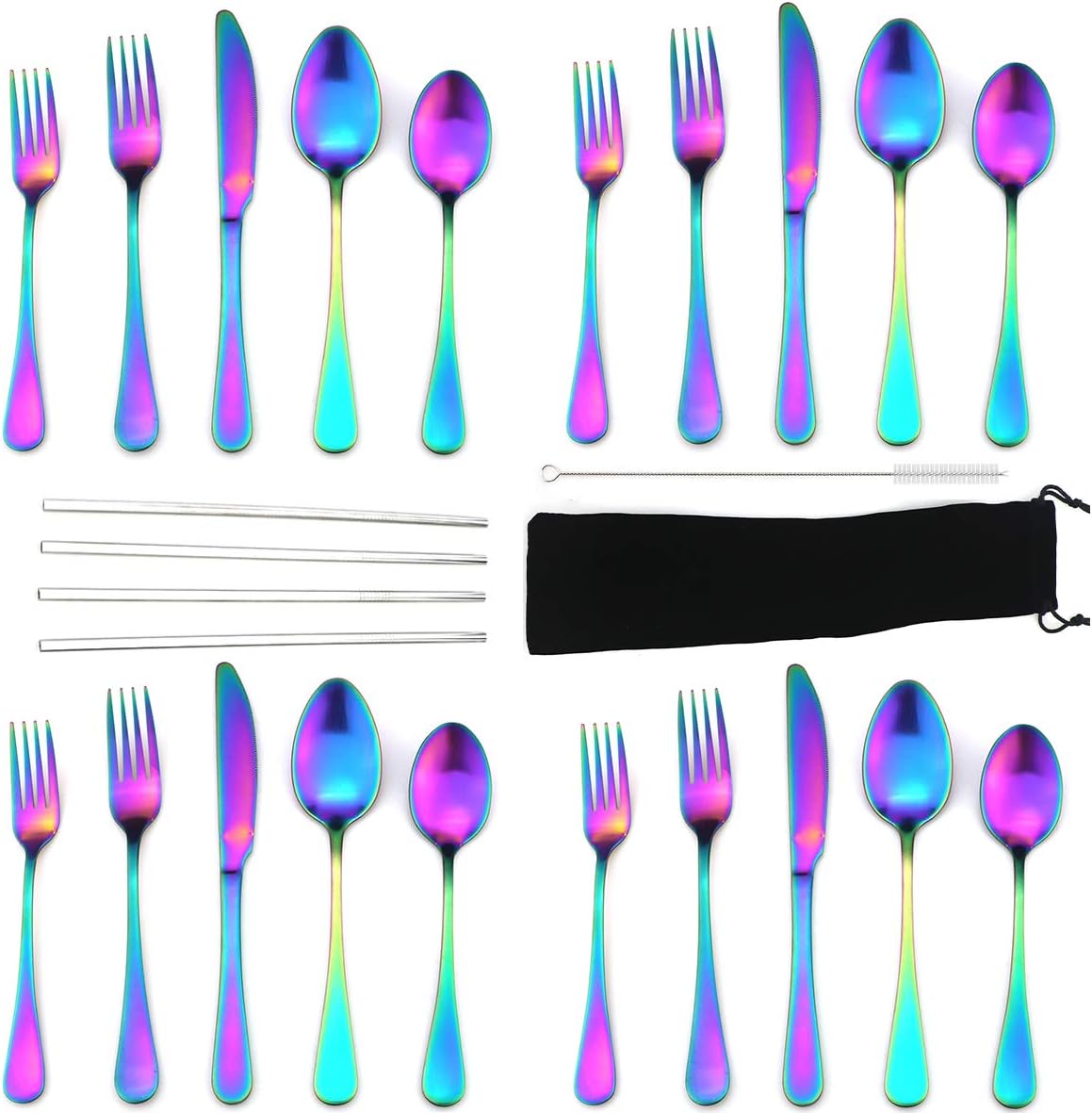 JASHII Modern Royal 20 Pcs Matte Rainbow 18/10 Stainless Steel Utensils Cutlery Dinnerware Set w/ 4 Pcs Straw, Knife Fork and Spoon Flatware Set for Wedding Festival Christmas Party Service for 4