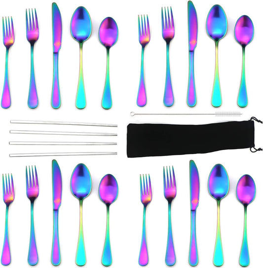 JASHII Modern Royal 20 Pcs Matte Rainbow 18/10 Stainless Steel Utensils Cutlery Dinnerware Set w/ 4 Pcs Straw, Knife Fork and Spoon Flatware Set for Wedding Festival Christmas Party Service for 4