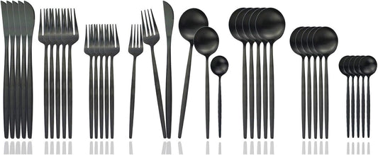 JASHII Silverware Set, 36 Piece Food Grade Stainless Steel Flatware Set Fork Spoon Knife Utensils for Daily Use and Party, Service for 6 Anti Rust, Safe in Dishwasher (Matte Black)