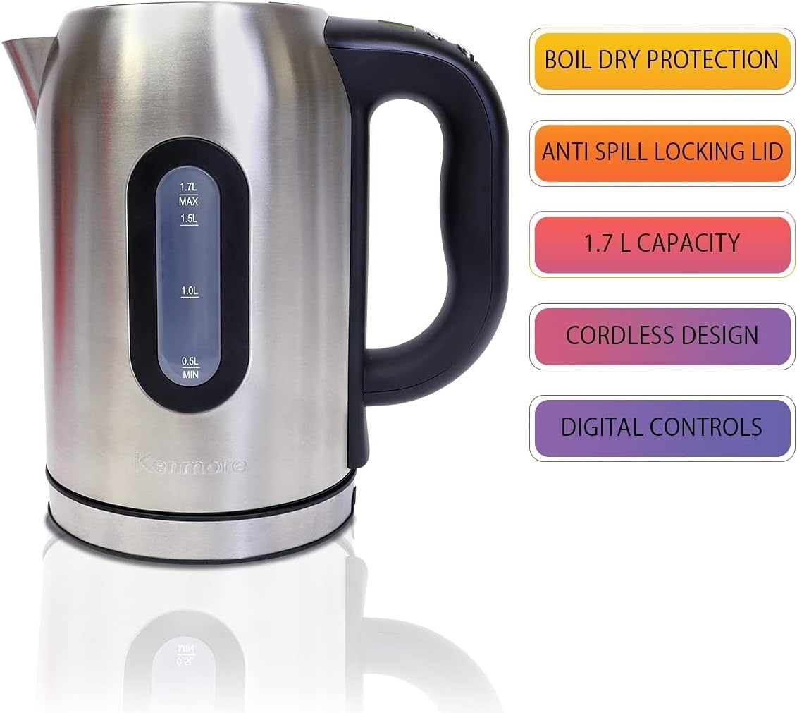 Kenmore Digital Cordless Kettle, 1.7 L / 1.8 Quarts Capacity, Stainless Steel Electric Kettle with Digital Temperature Control, Concealed Heating Element, and Keep Warm Mode
