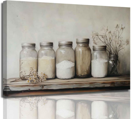 ZSHARTSWD Farm Kitchen Wall Art Country Mason Jar Spice Pictures Still Life Culinary Canvas Print Vintage Spices Food Painting Dining Room Home Decor Framed (Beige, 16.00" x 20.00")