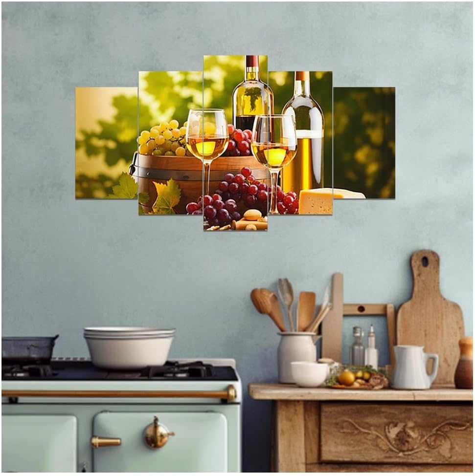 DOARTDO 5 Pieces Kitchen Wall Art Wine and Fruit Grape Pictures Food Canvas Prints Red Wine Cups Painting Large Kitchen Dining Room Bar Cellar Decor Framed (Yellow, (16x24inx2 16x32inx2 16x40inx1))