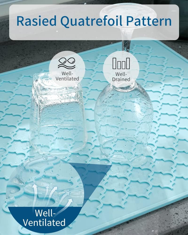 AMOAMI Dish Drying Mat,Heat-resistant,Easy Clean,Silicone Dish Drying Mats for kitchen Counter,Kitchen Gadgets Kitchen Accessories Kitchen Small Appliances (16" x 18", LIGHT BLUE)