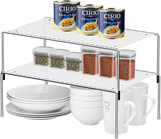 Set of 2 Kitchen Cabinet Organizer Shelves, Stackable Organizer and Storage for Cabinet Cupboard, Expandable Shelf Risers Plate Rack with Anti-slip Plastic Liner