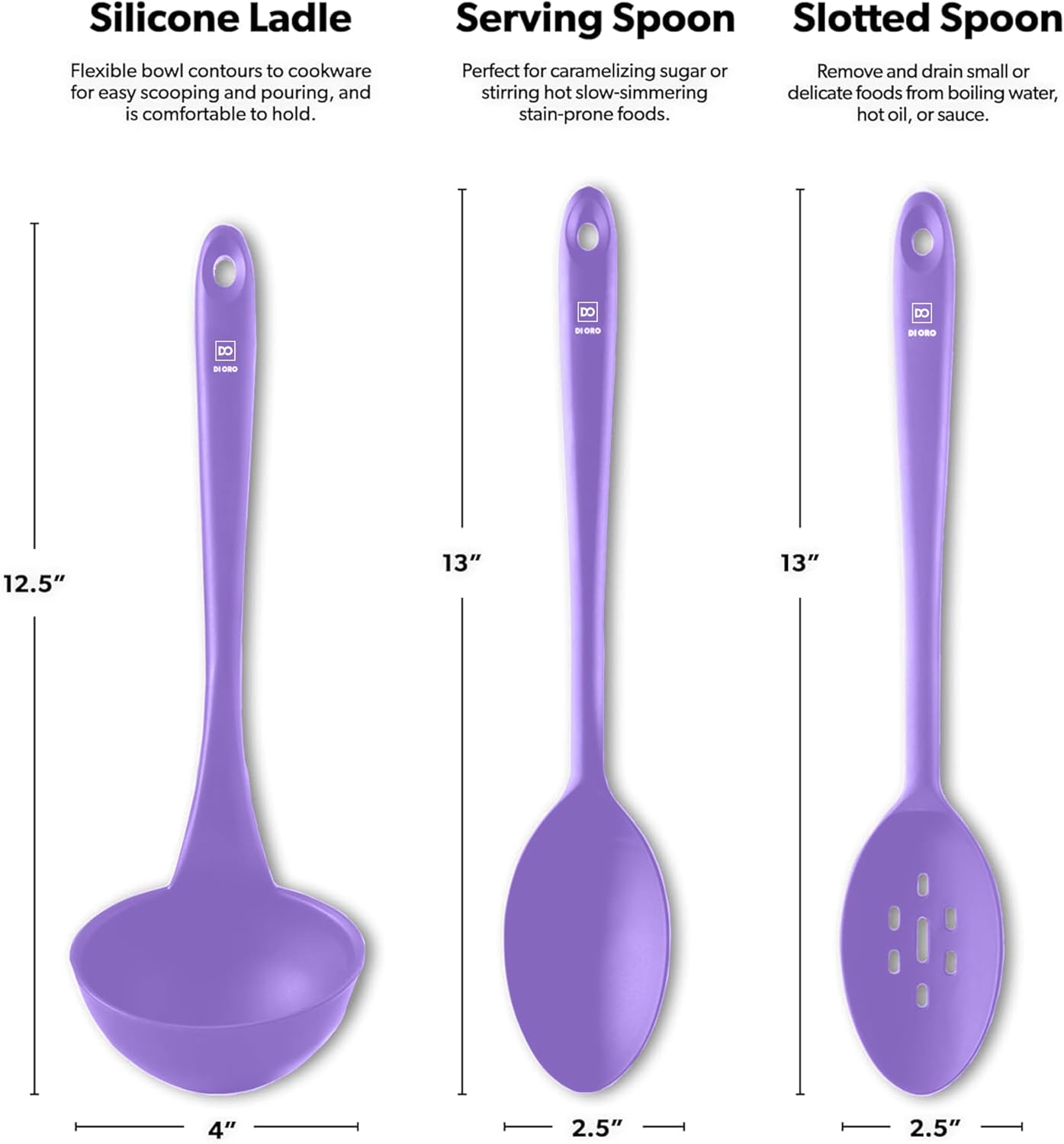 DI ORO Silicone Ladle & Spoons for Cooking – Large Kitchen Spoons for Mixing, Serving & Stirring - Soup Ladle with Wide Bowl - High Heat Silicone Kitchen Utensils for Nonstick Cookware Safe (Lavender)