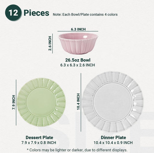 Dinnerware set, Kitchen Plates and Bowls Sets for 4, Porcelain dish set for party, House gift, Microwavable safe, Mixed Colors