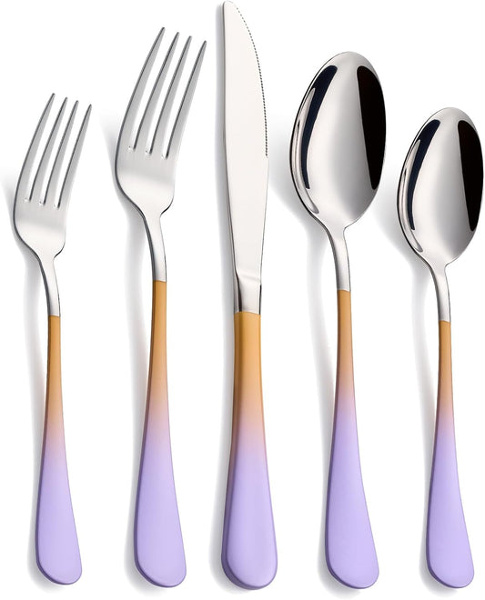 20-Pieces Color Silverware Sets for 4,Purple and Orange Handle Stainless Steel Cutlery Set, Include Forks Spoons and Knives Set, Dishwasher Safe Utensil Sets for Home Restaurant
