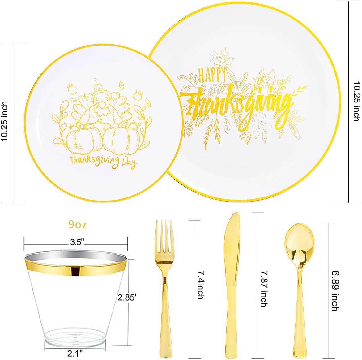 KIRE 25 Guests Gold Plastic Plates - Thanksgiving Plates with Turkey pattern & Gold Disposable Cutlery & Plastic Cups - Perfect for Thanksgiving, Halloween, Parties, Autumn Holiday
