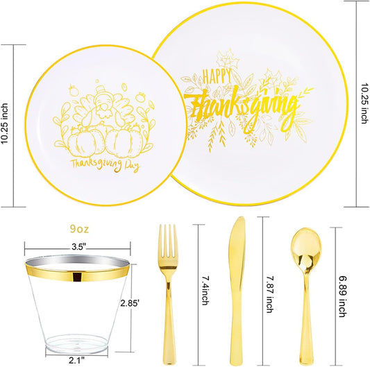 KIRE 25 Guests Gold Plastic Plates - Thanksgiving Plates with Turkey pattern & Gold Disposable Cutlery & Plastic Cups - Perfect for Thanksgiving, Halloween, Parties, Autumn Holiday