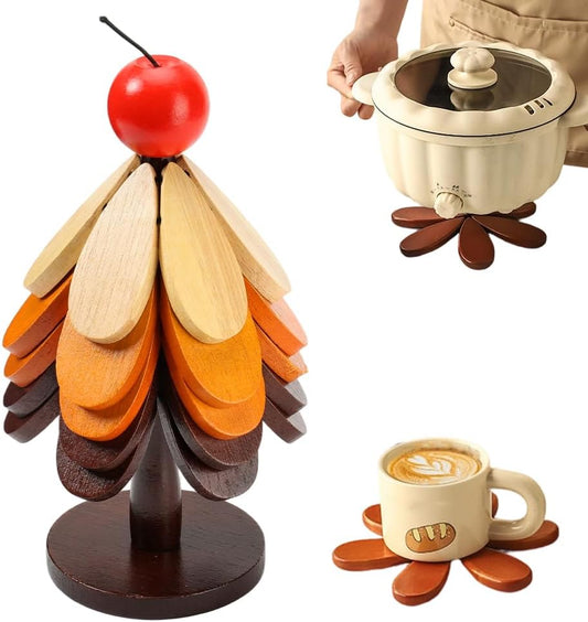 Wooden Trivets for Hot Dishes, 2026 New Handmade Wooden Christmas Tree Coasters for Bowls Teapots Drinks Plates, Home Table Decor, Tree Shape Trivet Set of 4 for Hot Pot Pans (A)
