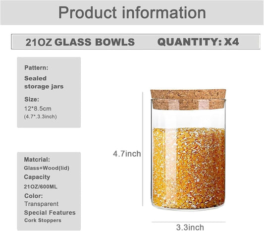 Airtight Glass Storage Containers with cork Lid, for Kitchen Pantry Organization and Storage jar，Ideal for Coffee Beans Snacks Flour Cereal Sugar Tea 21oz. (Circular 4.7 * 3.3in*4pcs)