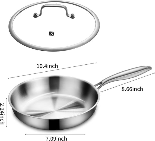 GOLDEN KEY 10 inch Tri-Ply Stainless Steel Pan,Stainless Steel Skillet with Lid,Frying Pan with Lid Compatible with All Cooktops Up to 600,Dishwasher Safe