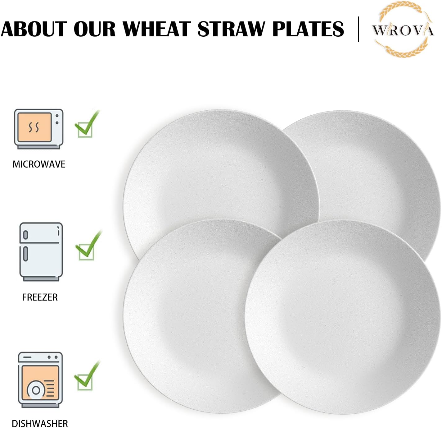 Wrova Wheat Straw Dinner Plates 10 Inch Unbreakable Set of 8 - Dishwasher & Microwave Safe Plastic Plates Reusable - Lightweight Plates for kitchen,camping,picnic,R.V. - White