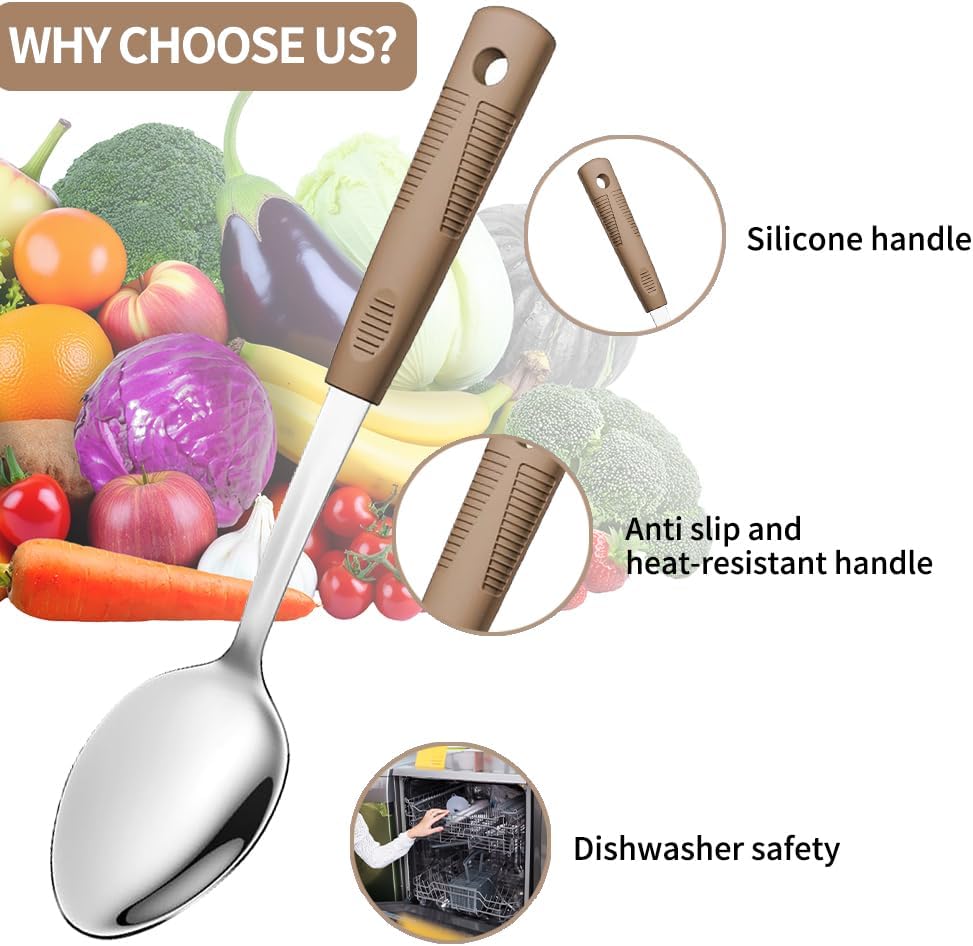 2-Piece,Stainless Steel Serving spoons set with Slotted Spoon.Serving Spoon and Perforated Spoon, kitchen cooking serving utensils set cooking spoon-brown