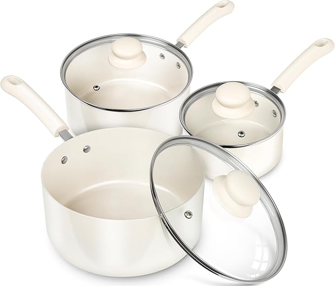 MICHELANGELO Nonstick Sauce Pan Sets, Ceramic Saucepan with Lid, Multipurpose Pot with Lid, Non-Toxic Saucepans, 1QT & 2QT & 3QT, White