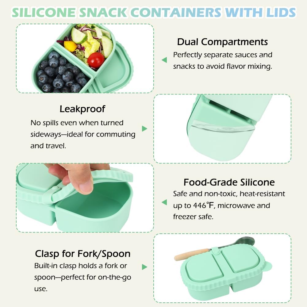 YQL 3 Pack Premium Silicone Reusable Snack Containers with Lids, Double Compartment Snack Box for Kids, Portable Food Containers for Sauce and Salad, Leakproof Snackle Packs for School, Picnic, Office