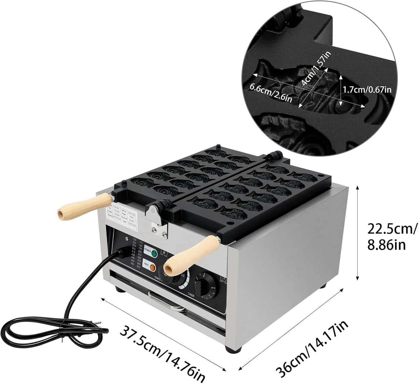 1800W Commercial Taiyaki Fish Waffle Maker, 12 Grids Electric Waffle Maker Non-Stick Stainless Steel Belgian Waffle Iron w/Time & Temper Adjustable|180° Rotating, Large Waffle Machine for Restaurant