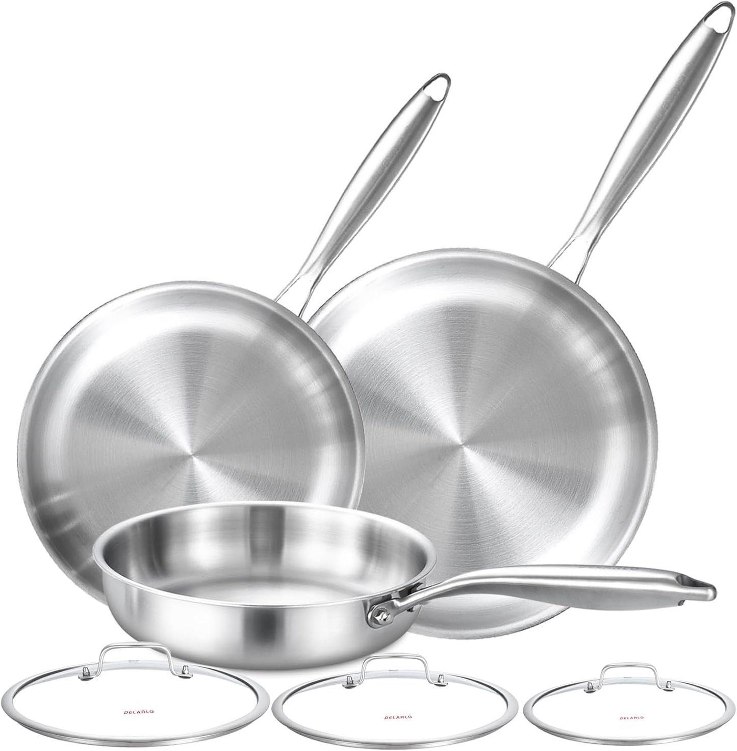 DELARLO Tri-ply Stainless Steel Kitchen Cookware Frying Pan Set with Lid 8" 10" 12" Induction large Skillets Chef's Pan,Pots and Pans Set Kitchen Cookware Set Suitable for All Stove