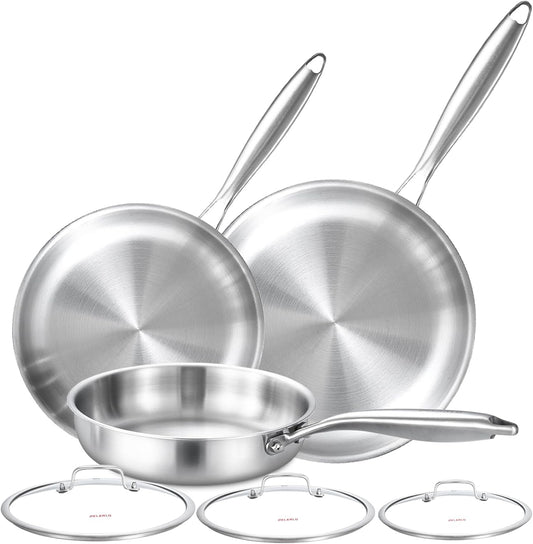 DELARLO Tri-ply Stainless Steel Kitchen Cookware Frying Pan Set with Lid 8" 10" 12" Induction large Skillets Chef's Pan,Pots and Pans Set Kitchen Cookware Set Suitable for All Stove