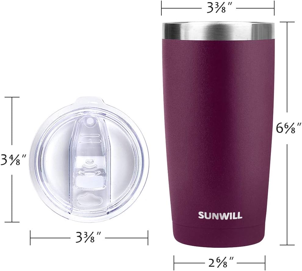 SUNWILL Travel Coffee Tumbler 20 oz, Insulated Mug with Lid, Stainless Steel Cup for Hot and Cold Drinks, Powder Coated Plum
