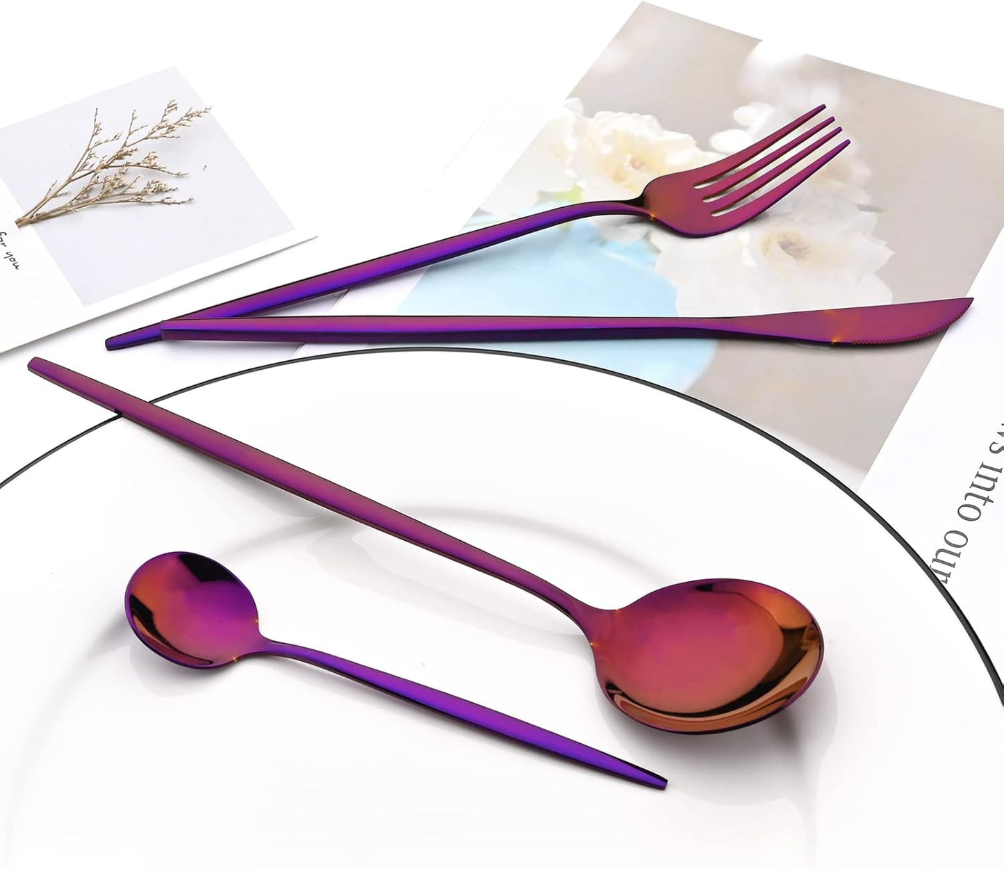 24-Piece Mirror Purple Polished Flatware, 18/0 Stainless Steel Dinnerware Set Include Knife Fork Spoon Teaspoon Cutlery Set For Home Restaurant and Party Service For 6, Dishwasher Safe