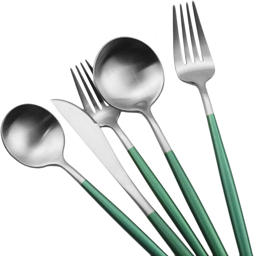 Gugrida Luxury Flatware, Royal 20 Piece Matte White Handle 18/10 Stainless Steel Tableware Sets for 4 Including Forks Spoons Knives, Camping Silverware Travel Utensils Set Cutlery (Green Silver)