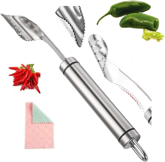 2023 New Pepper Seed Corer Remover with Cleaning Cloth, Jalapeno Pepper Corer Tool Chili Deseeder, 304 Stainless Steel Fruit Seed Remover with Serrated Teeth, Suitable for Kitchen Grill Use (1pcs)