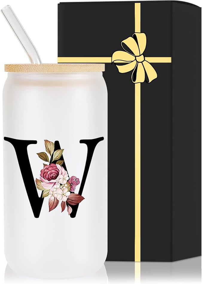 Monogrammed Glass Drinking Cup With Lid Straw Women Men Teacher Christmas Gifts Music Dance Science Daycare Special Education Need English History Sunday School Spanish Autism Reading Gym,W