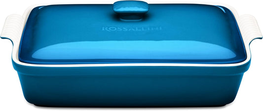 Stoneware Casserole Dish Bakeware Set with Lid, Covered Rectangular Dinnerware, Extra Large 4.23 Quart, 13 by 9 Inch, Ocean Blue