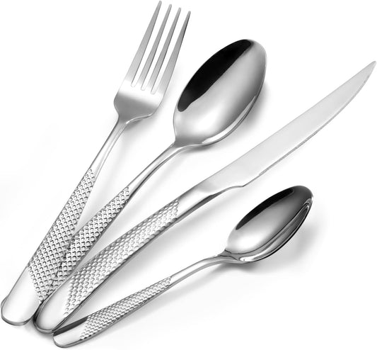 16 Piece Hammered Silverware Set for 4, Premium Food-grade Stainless Steel Flatware Set, Modern Design & Mirror Polished Cutlery Set, Eating Utensil Set Include Fork Knife Spoon Set, Dishwasher Safe