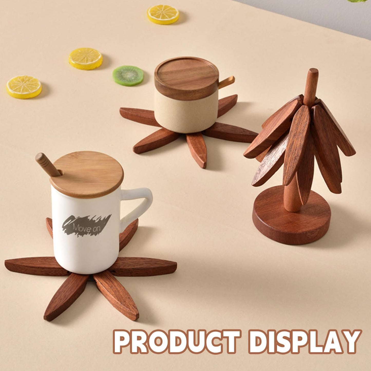 Wooden Trivets for Hot Dishes, Tree Shape Trivet Set, 4 Walnut Wood + 1 Stand stored Like a Christmas Tree,Foldable Kitchen Wooden Trivet,for Hot Dishes、Pot、Bowl、Teapot、Hot Pot Holder(Beech Wood)