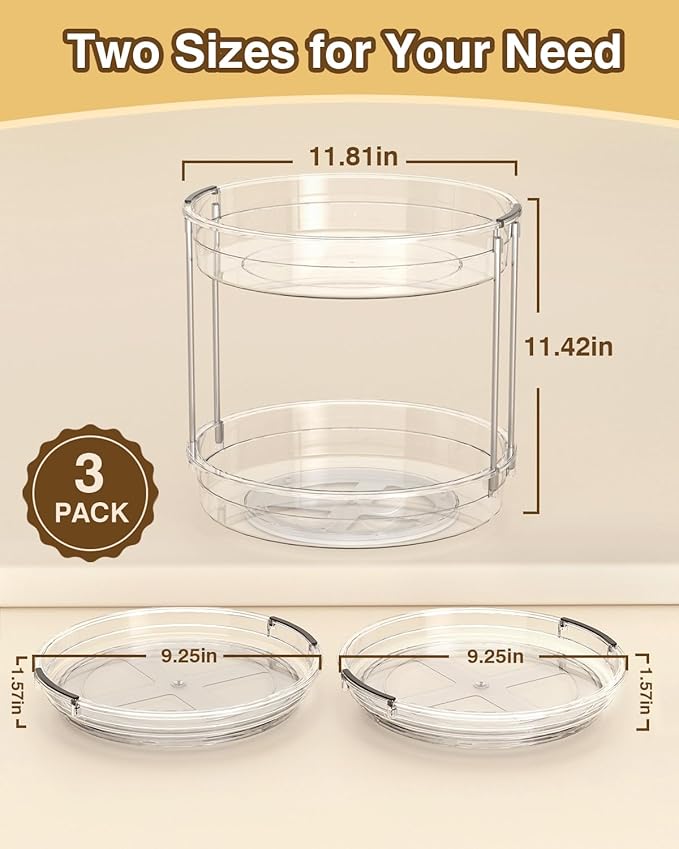 2 Pack Lazy Susan Organizer 9.25''and 11.81'' Two-Tier Lazy Susan Turntable for Cabinet, Spice Rack, and Pantry Storage - Spinning Makeup Organizer for Bathroom, Clear