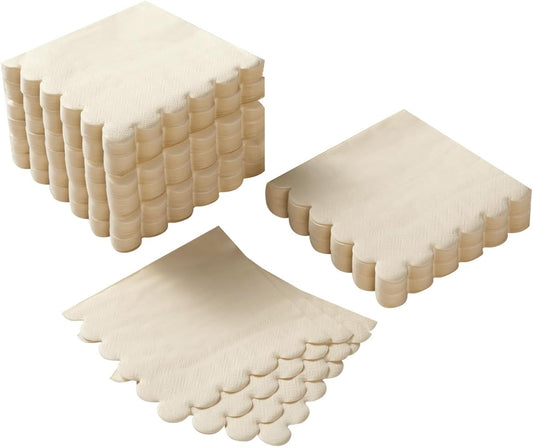 100 Pack Cocktail Napkin 2-Ply Scalloped Edged Dessert Napkins Folded 5 x 5 Inches Disposable Napkins for Dinner Wedding Birthday Party Bridal Anniversary Reception Event (Milky-White)