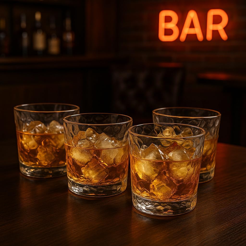 Crinkle Whiskey Glasses 12oz - Set of 4 Unique Textured Glassware for Bourbon, Scotch, Old Fashioned Cocktails - Dishwasher Safe Rocks Glasses Tumbler Set – Gift Ready Box