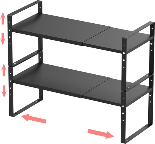 Expandable Stackable Spice Rack Cabinet Shelf Organizer in Cabinets Shelves Kitchen Cupboard Organization Stack up Racks Pantry Countertop Storage Large/Black 2 Packs