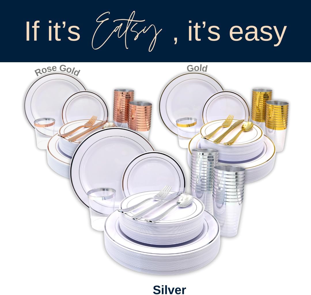 Tableware Dinnerware Set, Premium Heavyweight, Reusable or Disposable Party Plates, Includes Dinner Plate, Dessert Plate, Cutlery, and Cup (Silver, 150-Piece Set, Serves 25 Guests)
