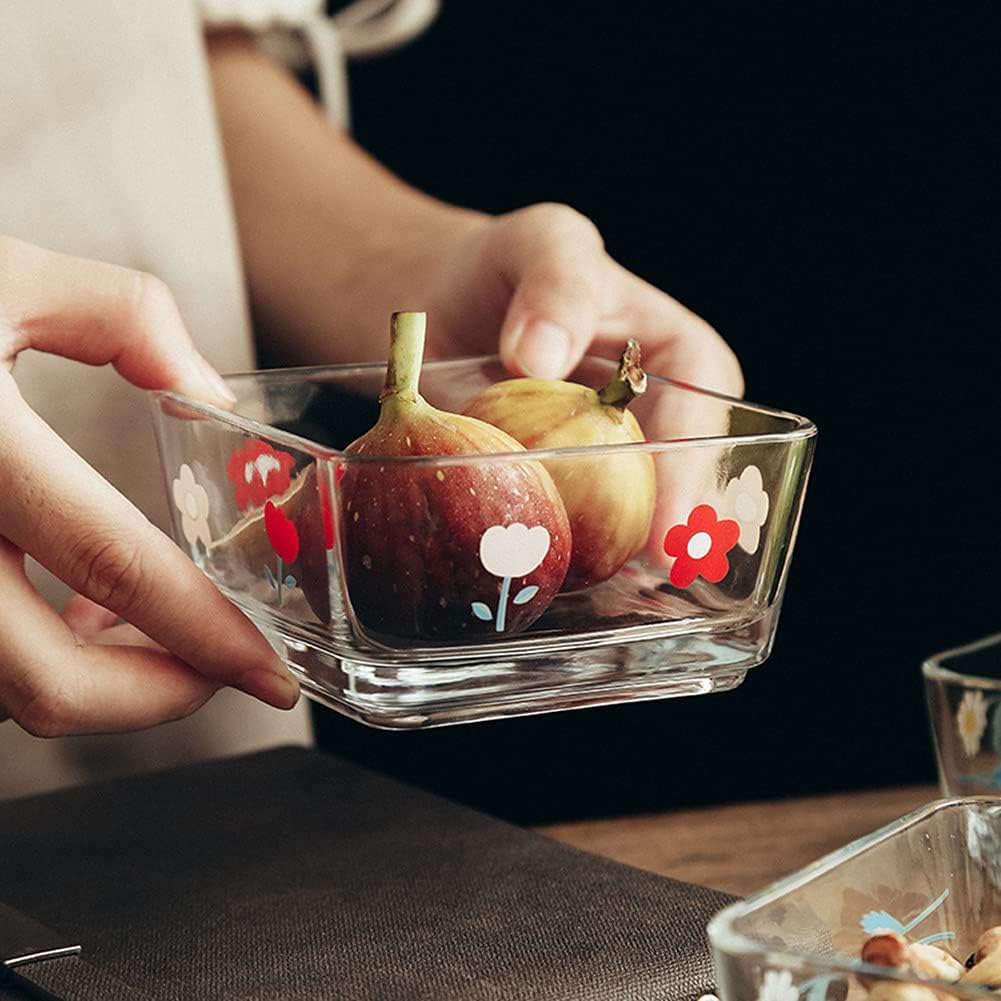 9 OZ Small Flower Candy Dish Cute Floral Candy Bowl Mini Square Glass Bowl for Dessert,Snack,Fruit,Icecream,Yogurt,Dipping,Prep,Clear Serving Bowl