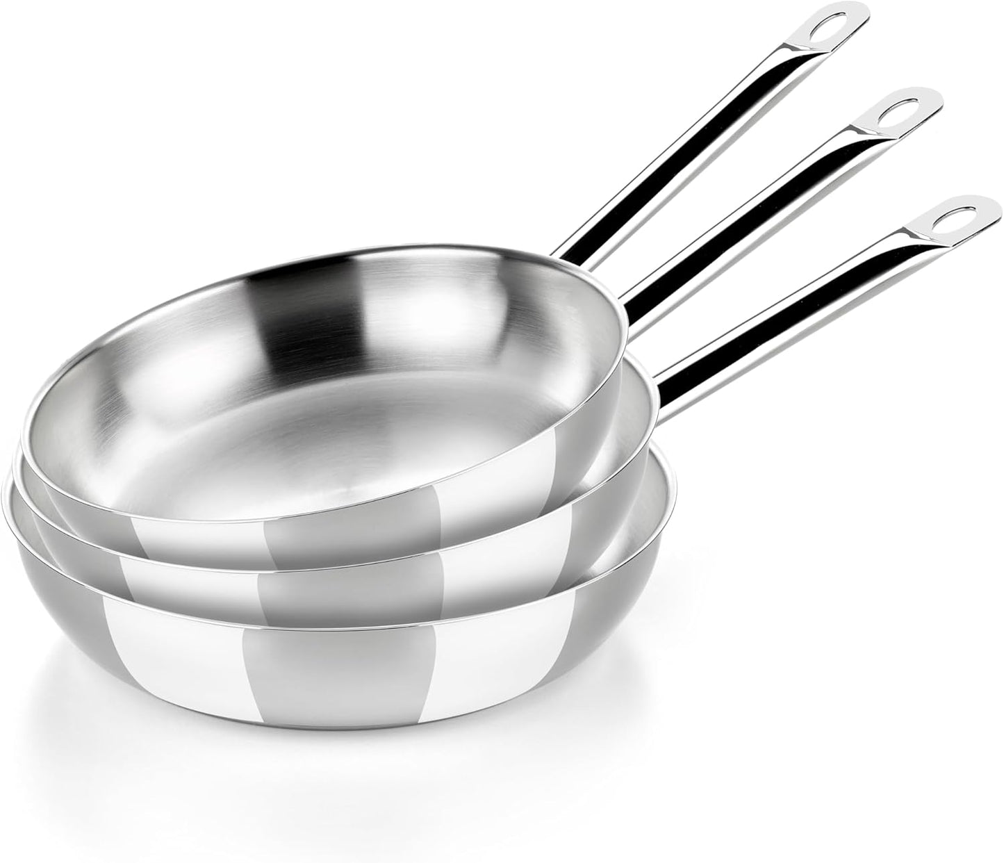 BRA COOKWARE Profesional 3 Frying Pan Set | 8 + 9.5 + 10.2 inches Professional Skillet | Stainless Steel Pan w/o Non-Stick | All Stovetop Compatible Skillet | 100% FOA Free | Brushed Finish