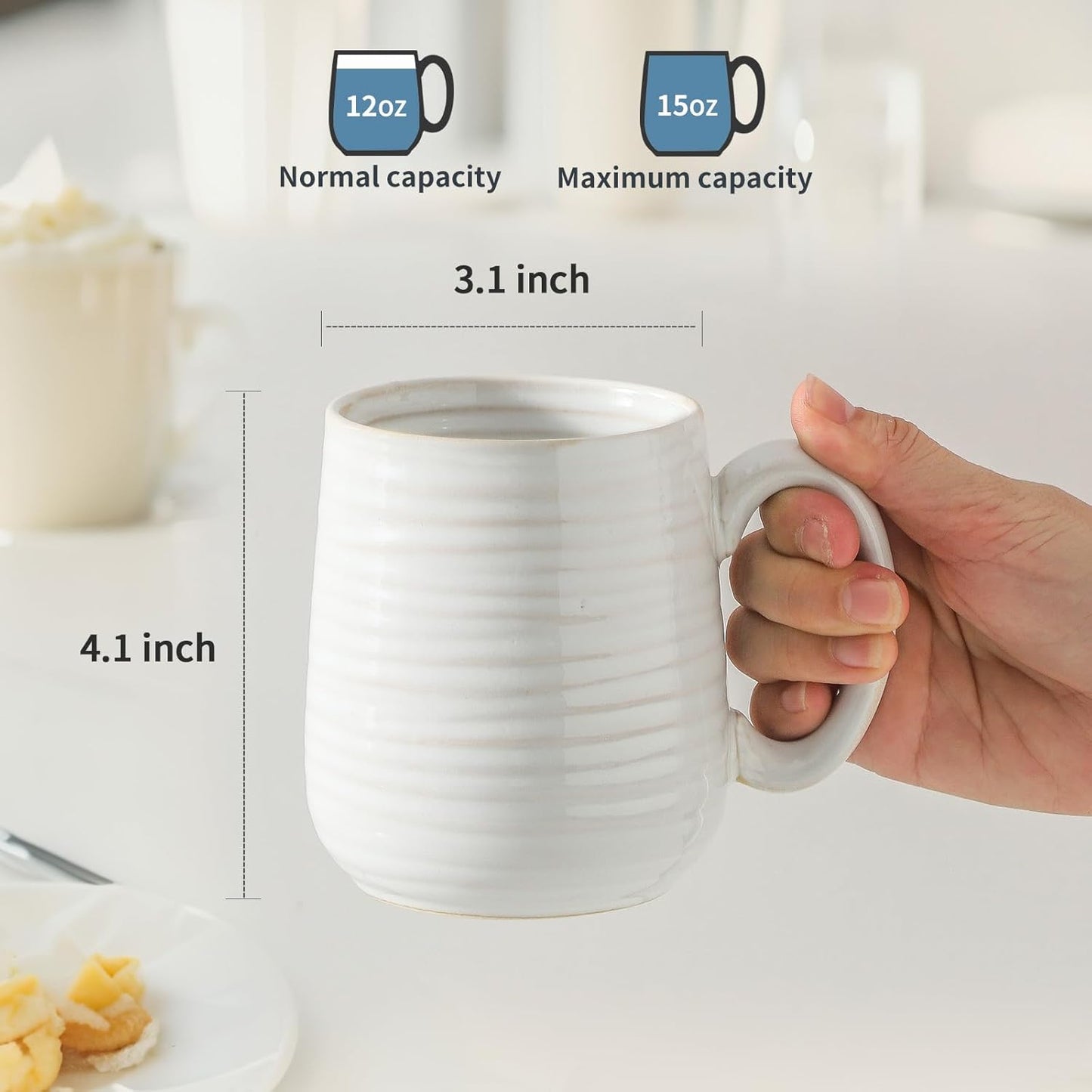 15oz Coffee Cups, Porcelain Coffee Mugs for Latte, Milk, Cappuccino, Cocoa, Tea Cups with Handle for Dad and Mom as a Gifts, Dishwasher and Microwave Safe, Set of 6, White