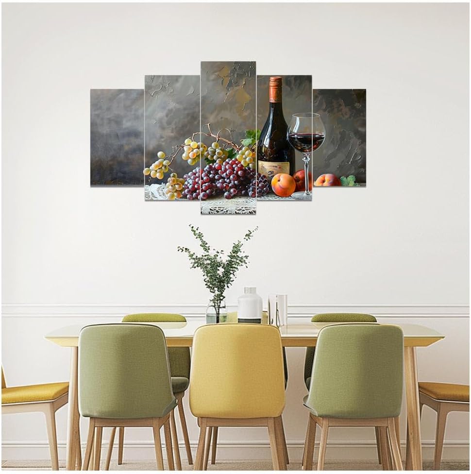 DOARTDO 5 Pieces Kitchen Wall Art Wine and Fruit Grape Pictures Food Canvas Prints Red Wine Cups Painting Large Kitchen Dining Room Bar Cellar Decor Framed (Purple, (8x14inx2 8x18inx2 8x22inx1))